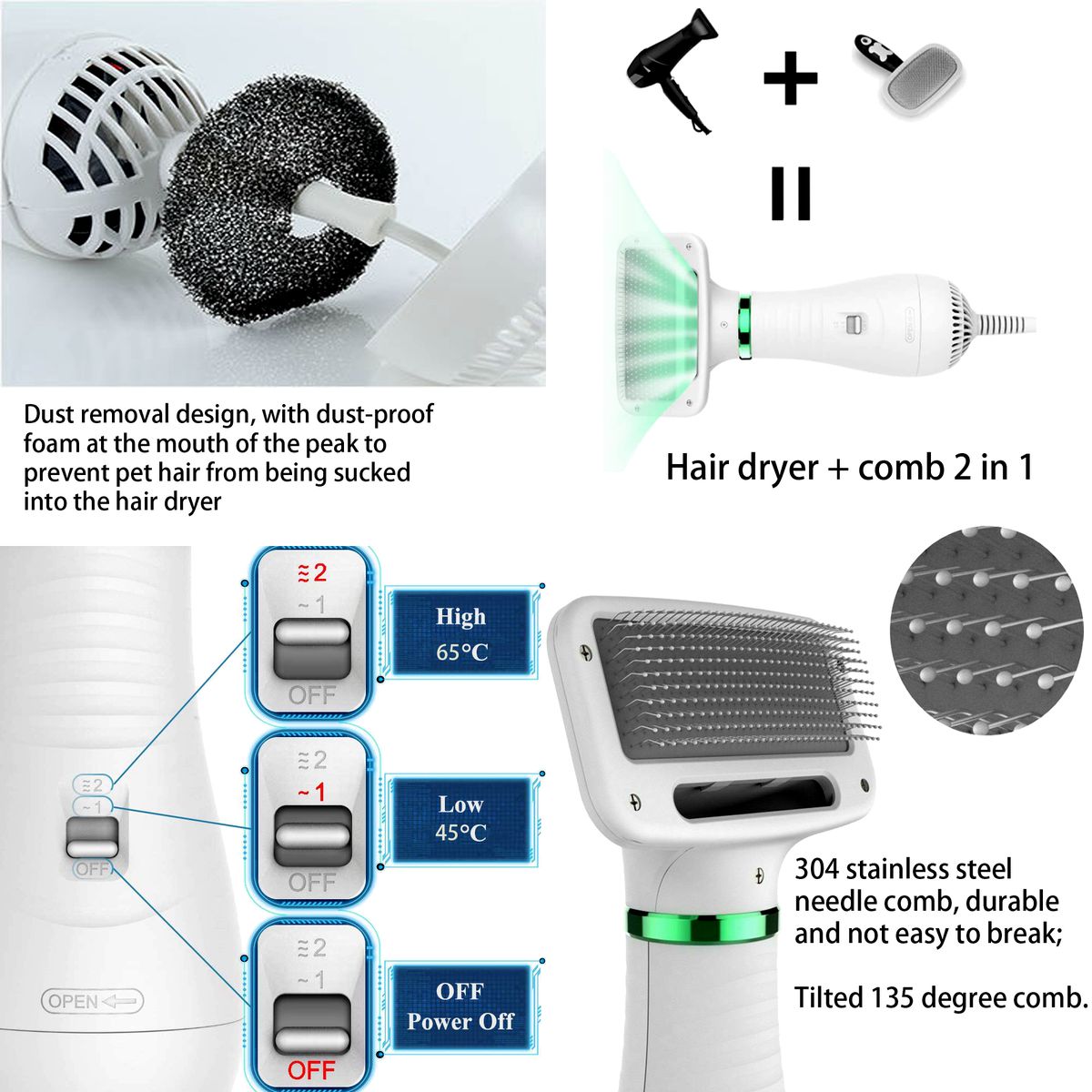 Electric 2 in 1 Pet Grooming Hair Dryer Blower Slicker Brush