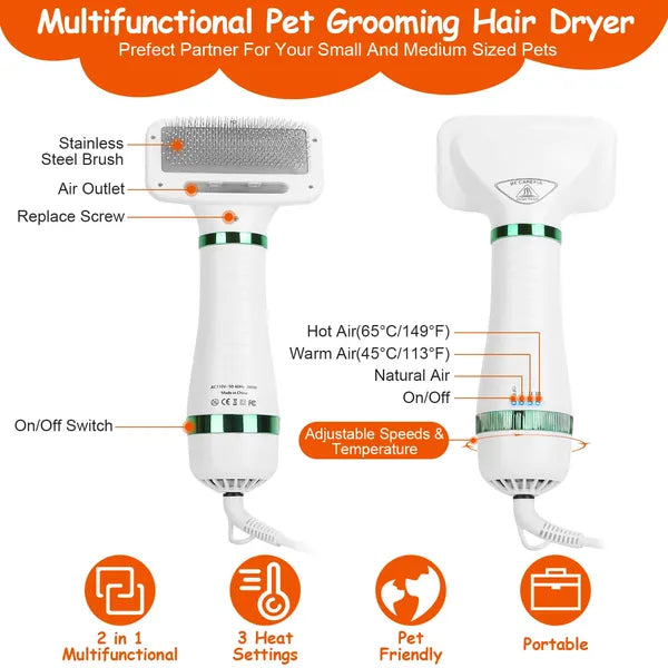 Electric 2 in 1 Pet Grooming Hair Dryer Blower Slicker Brush
